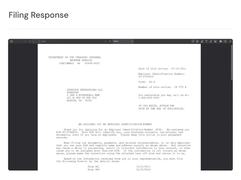 Formation confirmation from the IRS