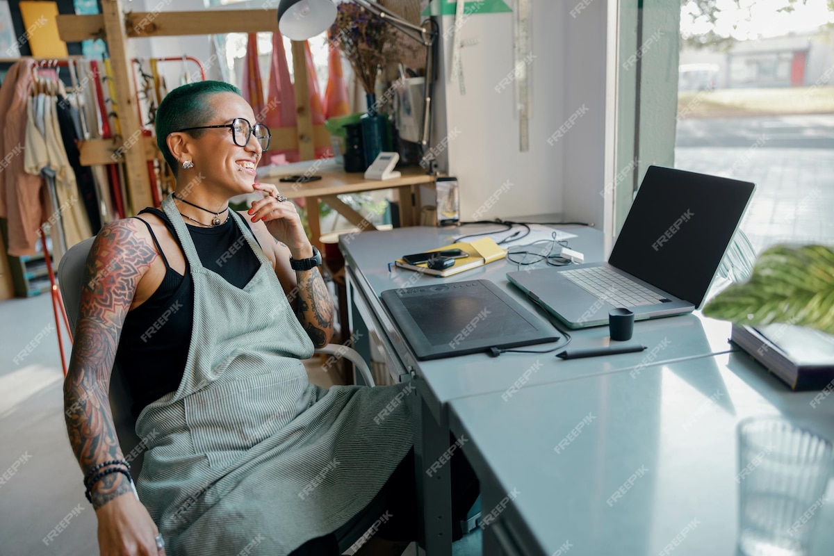 Female worker uses graphics tablet and laptop for retouching photos or digital drawing in studio