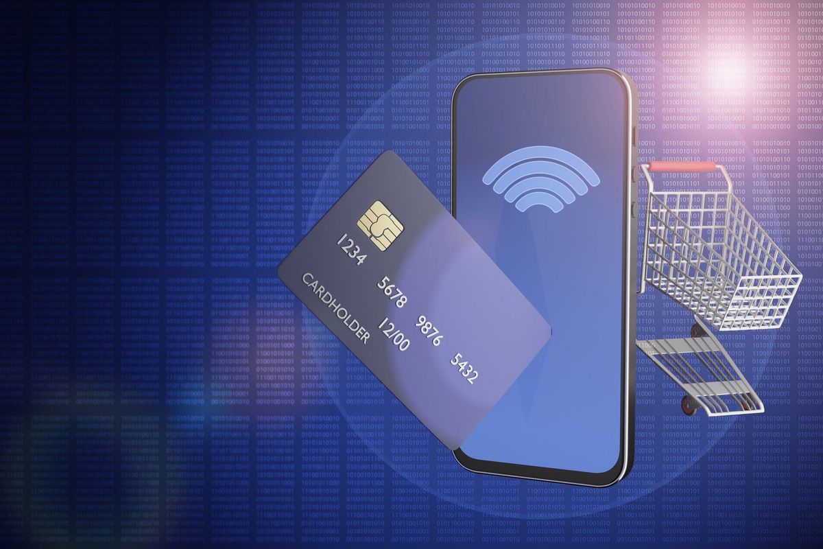 Online shopping. Fast and convenient online shopping. Shopping basket on a tablet computer or smartphone. Contactless payment. 3d rendered.
