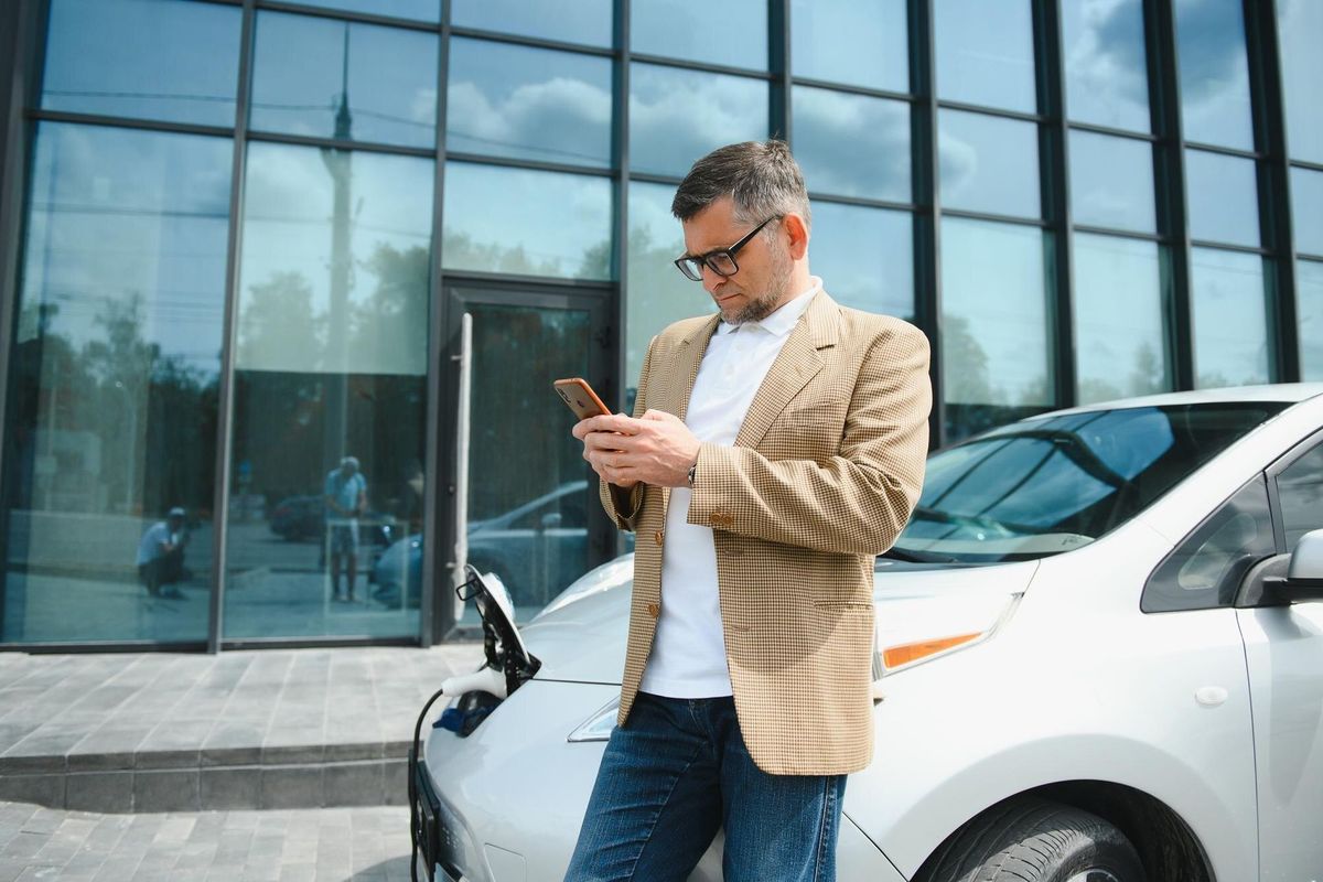 The guy sat down on the hood of the car His car is charging at the charging station A man looks at the smartphone screen and smiles