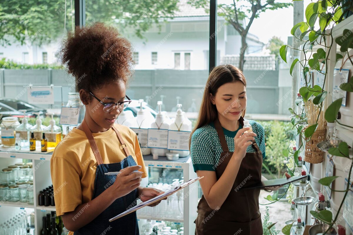 Two shopkeepers check stock in zero waste and plasticfree grocery store